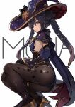  1girl ass black_hair black_legwear bodystocking bodysuit breasts detached_sleeves genshin_impact gloves green_eyes hat high_heels highres mona_(genshin_impact) pantyhose small_breasts solo squatting the_olphy thick_thighs thighs twintails witch witch_hat 