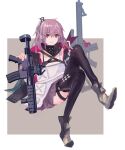  1girl absurdres ar-15 assault_rifle bangs black_legwear blush boots closed_mouth dress eyebrows_visible_through_hair full_body girls_frontline gloves grey_footwear gun highres holding holding_gun holding_weapon long_hair looking_at_viewer mod3_(girls&#039;_frontline) pink_hair reraise rifle side_ponytail simple_background single_glove sitting smile solo st_ar-15_(girls&#039;_frontline) thigh-highs violet_eyes weapon 