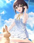  1girl :d bangs beach black_hair blue_sky brown_eyes clouds commentary_request day dress eyebrows_visible_through_hair hair_between_eyes hair_ornament highres leaf_hair_ornament lens_flare looking_at_viewer open_mouth original outdoors rabbit sand_sculpture see-through_sleeves shimofuri_takenoko sidelocks sitting sky smile solo sunlight wariza white_dress 