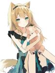  1girl animal_ear_fluff animal_ears animal_hug arknights bangs blonde_hair blue_dress closed_mouth collarbone commentary_request dog dog_ears dog_girl dog_tail dress dutch_angle eyebrows_visible_through_hair frilled_dress frills green_eyes highres knees_up kokao358 long_hair looking_at_viewer podenco_(arknights) podenco_(wake_up_from_a_nap)_(arknights) simple_background sitting sleeveless sleeveless_dress solo tail white_background 
