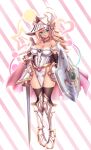  1girl :o absurdres akina_t alternate_color armor armored_boots blonde_hair boots breasts cape dark_magician_girl dark_magician_girl_the_dragon_knight duel_monster green_eyes heart helmet highres knight long_hair medium_breasts open_mouth pink_cape shield shoulder_armor silver_footwear smile star_(symbol) striped striped_background sword the_eye_of_timaeus thigh-highs thighs weapon yu-gi-oh! yu-gi-oh!_duel_monsters 