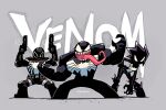  1girl 2boys absurdres agent_venom bent_over black_bodysuit black_hair bodysuit character_name claws dual_wielding glint grin gun hands_up highres holding holding_gun holding_weapon long_tongue looking_at_viewer mania_(marvel) marvel multiple_boys rariatto_(ganguri) smile spider-man_(series) spiked_belt spiky_hair tongue tongue_out twitter_username venom_(marvel) very_long_tongue weapon 