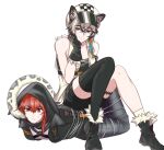 2girls animal_ears arknights bandeau bangs bare_shoulders black_footwear black_gloves black_jacket black_legwear boots bound cliffheart_(arknights) commentary crownslayer_(arknights) eyebrows_visible_through_hair fur-trimmed_boots fur_trim gloves grey_eyes hand_up hood hooded_jacket jacket leopard_ears lim_aya_w multiple_girls redhead short_hair silver_hair simple_background single_thighhigh sleeveless sleeveless_jacket smile strapless thigh-highs tied_up_(nonsexual) tube_top white_background white_headwear white_jacket 