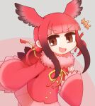  1girl aticotta bangs black_hair blunt_bangs blush brown_eyes eyebrows_visible_through_hair gradient_hair highres kemono_friends long_hair long_sleeves looking_at_viewer multicolored_hair open_mouth redhead scarlet_ibis_(kemono_friends) smile smug solo 