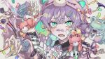  1boy absurdres animal_ears animal_hat bandaid bear_ears blue_eyes bow candy fangs food hair_ornament hairclip hat highres jelly_bean kuroume_(aihikarikuroume24) male_focus original pale_skin purple_hair ribbon stuffed_animal stuffed_toy syringe teddy_bear yami_kawaii 