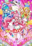  3girls :d ankle_bow apron arm_up artist_request back_bow blonde_hair blue_bow blue_eyes blue_gloves blue_hair boots bow brooch bun_cover choker closed_mouth confetti cure_precious cure_spicy cure_yum-yum delicious_party_precure double_bun drill_hair flower fuwa_kokone gloves grey_hair hair_bow hair_cones hair_flower hair_ornament hair_rings hanamichi_ran hand_on_hip hat highres holding holding_wand huge_bow jewelry key_visual knee_boots kneehighs kome-kome_(precure) legs_apart long_hair looking_at_viewer magical_girl mask men-men_(precure) multicolored_clothes multicolored_skirt multiple_girls nagomi_yui official_art open_mouth outstretched_hand pamu-pamu_(precure) pink_bow pink_choker pink_hair precure purple_bow purple_eyes red_eyes red_legwear ribbon rosemary_(precure) shiny shiny_hair skirt smile standing striped twin_drills vertical_stripes wand white_apron white_footwear white_gloves white_headwear 