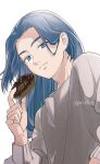  1boy blue_hair doughnut food grey_shirt highres holding holding_food kai_moto211 long_hair long_sleeves looking_at_viewer shadow shirt simple_background smile solo the_legend_of_luo_xiaohei twitter_username white_background wuxian_(the_legend_of_luoxiaohei) 