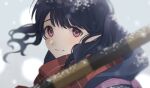  1girl artist_request backpack bag black_hair blurry blurry_foreground close-up fukumaru_koito highres idolmaster idolmaster_shiny_colors looking_at_viewer plaid plaid_scarf portrait red_scarf scarf snowing solo twintails upper_body violet_eyes wind 
