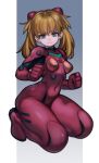  1girl absurdres bangs blue_eyes bodysuit breasts covered_navel highres interface_headset lentiyay looking_at_viewer medium_breasts multicolored_bodysuit multicolored_clothes navel neon_genesis_evangelion plugsuit red_bodysuit sitting solo souryuu_asuka_langley twintails 