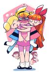  2boys 4girls :d absurdly_long_hair absurdres anger_vein angry belt billy_(grim_adventures) black_belt black_footwear blonde_hair blossom_(ppg) blue_dress blush blush_stickers bubbles_(ppg) buttercup_(ppg) cartoon_network closed_eyes closed_mouth constricted_pupils crossover dress embarrassed full-face_blush girl_sandwich green_dress grim_(grim_adventures) headpat height_difference highres hood hood_up hug jitome long_hair looking_at_viewer mandy_(grim_adventures) multiple_boys multiple_girls open_mouth orange_hair pantyhose pink_dress pink_shirt powerpuff_girls rariatto_(ganguri) sandwiched shirt shoes skeleton skull smile socks tall the_grim_adventures_of_billy_&amp;_mandy twintails u_u very_long_hair white_legwear 