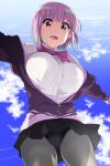  1girl :d blue_sky bow bowtie breasts cardigan clouds cloudy_sky collared_shirt cowboy_shot day grey_legwear gridman_universe jacket large_breasts light_purple_hair looking_at_viewer off_shoulder outstretched_arms panties panties_under_pantyhose pantyhose partially_unzipped purple_bow purple_bowtie purple_jacket red_eyes shinjou_akane shirt short_hair sky smile solo spread_arms ssss.gridman teoshiguruma underwear white_cardigan 