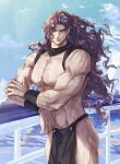  1boy battle_tendency highres horns jojo_no_kimyou_na_bouken kars_(jojo) loincloth long_hair male_focus muscular muscular_male railing revealing_clothes sky solo topless_male wavy_hair yepnean 