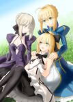  3girls :d ahoge artoria_pendragon_(all) black_dress blonde_hair bow breasts cleavage dress elbow_gloves fate/grand_order fate/stay_night fate/unlimited_codes fate_(series) gloves green_eyes hair_bow hair_ribbon kneeling multiple_girls open_mouth ponytail ribbon saber saber_alter saber_lily shido_x_2903 silver_hair sitting smile thigh-highs wariza yellow_eyes zettai_ryouiki 