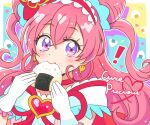  1girl :d blush choker commentary_request cure_precious delicious_party_precure earrings eyelashes hair_ornament hair_ribbon happy highres hitopm jewelry long_hair magical_girl nagomi_yui onigiri open_mouth pink_choker pink_hair pink_theme precure ribbon simple_background sketch smile solo violet_eyes 
