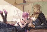  1boy 1girl bed blonde_hair blue_eyes boots formal jewelry jojo_no_kimyou_na_bouken lying midriff nail_polish necklace nightstand on_floor on_stomach painting_nails pink_hair prosciutto short_hair skirt suit the_pose trish_una vento_aureo yepnean 