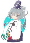  1girl blue_headwear blue_skirt blush closed_mouth eyebrows_visible_through_hair grey_eyes grey_hair hair_between_eyes hat ini_(inunabe00) japanese_clothes kariginu long_hair mononobe_no_futo pom_pom_(clothes) ponytail ribbon-trimmed_sleeves ribbon_trim skirt sleeves_past_fingers sleeves_past_wrists smile solo tate_eboshi touhou upper_body wide_sleeves 