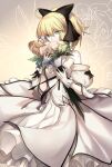  1girl armor armored_dress artoria_pendragon_(all) black_bow blonde_hair blue_sky bow breastplate dress eyebrows_visible_through_hair fate/grand_order fate/unlimited_codes fate_(series) faulds floating_hair gauntlets green_eyes hair_between_eyes hair_bow hands_on_hilt highres long_hair looking_at_viewer outdoors petals ponytail saber_lily shu_j&igrave;ng signature sleeveless sleeveless_dress smile solo standing white_dress 