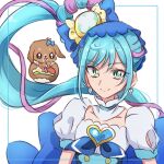  1girl blue_theme commentary_request cure_spicy delicious_party_precure earrings eyelashes fpminnie1 fuwa_kokone hair_ornament happy highres jewelry long_hair looking_at_viewer magical_girl pamu-pamu_(precure) precure puffy_short_sleeves puffy_sleeves short_sleeves side_ponytail simple_background sketch smile solo very_long_hair white_background 