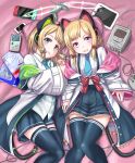  2girls blonde_hair blue_archive blurry blurry_background cat_ear_headphones commentary_request couch green_eyes halo headphones highres jacket knck midori_(blue_archive) momoi_(blue_archive) multiple_girls necktie red_eyes school_uniform short_hair siblings twins 