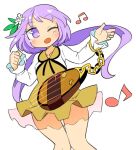  1girl beamed_eighth_notes biwa_lute blush brown_dress chain dress eighth_note eyebrows_visible_through_hair feet_out_of_frame flower hair_flower hair_ornament ini_(inunabe00) instrument knees_together_feet_apart long_hair long_sleeves low_twintails lute_(instrument) musical_note one_eye_closed open_mouth purple_hair simple_background smile solo touhou tsukumo_benben twintails violet_eyes white_background white_flower 