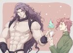  2boys battle_tendency earrings food gakuran horns ice_cream jewelry jojo_no_kimyou_na_bouken kakyoin_noriaki kars_(jojo) long_hair male_focus multiple_boys muscular muscular_male redhead revealing_clothes school_uniform solo stardust_crusaders topless_male wavy_hair yepnean 