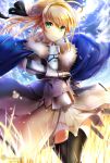  1girl armor armored_dress artoria_pendragon_(all) black_bow blonde_hair blue_sky bow breastplate dress eyebrows_visible_through_hair fate/grand_order fate/unlimited_codes fate_(series) faulds floating_hair gauntlets green_eyes hair_between_eyes hair_bow hands_on_hilt highres long_hair looking_at_viewer nekodayo_22 outdoors petals ponytail saber_lily signature sleeveless sleeveless_dress smile solo standing white_dress 