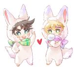  2boys animal_costume battle_tendency blonde_hair brown_hair bubble_blowing bunny_costume caesar_anthonio_zeppeli chibi cosplay crossed_arms facial_mark green_eyes green_scarf headband heart jojo_no_kimyou_na_bouken joseph_joestar joseph_joestar_(young) kigurumi male_focus multiple_boys pink_scarf pointing pointing_up scarf sky_kiki striped striped_scarf 