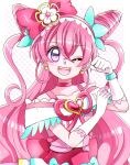  1girl :d blush chidjimi choker commentary_request cure_precious delicious_party_precure earrings eyelashes hair_ornament hair_ribbon happy highres jewelry long_hair magical_girl nagomi_yui open_mouth pink_choker pink_hair pink_theme precure purple_eyes ribbon simple_background sketch smile solo 