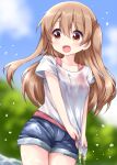  1girl blue_shorts blush brown_eyes collarbone cowboy_shot day denim denim_shorts eyebrows_visible_through_hair hair_between_eyes highres light_brown_hair long_hair minagi_koharu open_mouth ruu_(tksymkw) shirt short_sleeves shorts side_ponytail slow_loop smile solo wet wet_clothes wet_shirt white_shirt 