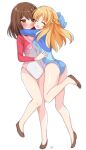  2girls blonde_hair blue_leotard brown_eyes brown_hair closed_eyes commission girlfriend_(kari) hug leotard long_hair miyamori_raira multicolored_leotard multiple_girls ponytail sasahara_nonoka shiina_kokomi short_hair simple_background white_background 