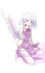  1girl blush brown_footwear dress eyebrows_visible_through_hair feathered_wings jacket kishin_sagume long_sleeves one-hour_drawing_challenge open_clothes open_jacket purple_dress rangycrow red_eyes shoes short_hair single_wing solo touhou white_background white_hair white_jacket white_wings wings 
