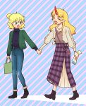  2girls alternate_costume bag blonde_hair cardigan contemporary denim fang hair_bun handbag highres holding_hands hoshiguma_yuugi jeans jewelry long_hair long_skirt medium_hair mizuhashi_parsee multiple_girls necklace newspaper open_mouth pants pointy_ears sibata_maru skirt touhou turtleneck 