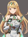  1girl bangs bare_shoulders blonde_hair breasts brown_background closed_mouth dress elbow_gloves gloves glowing highres long_hair looking_at_viewer mythra_(xenoblade) simple_background sleeveless sleeveless_dress smile solo thrananaart tiara v white_dress white_gloves xenoblade_chronicles_(series) xenoblade_chronicles_2 yellow_eyes 