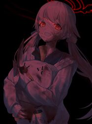  1girl absurdres backpack bag bangs bintz black_background blonde_hair blood blood_splatter blood_stain blue_archive blush commentary_request explosive eye_trail grenade halo hifumi_(blue_archive) highres holding holding_knife knife object_hug open_mouth red_eyes sailor_collar simple_background smile solo sweater teeth twintails upper_body white_sweater 