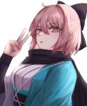  1girl ahoge bangs black_bow black_legwear black_scarf bow breasts chromatic_aberration fate/grand_order fate_(series) hair_between_eyes hair_bow haori highres japanese_clothes kimono koha-ace medium_breasts obi okita_souji_(fate) okita_souji_(fate)_(all) okita_souji_(koha/ace) platinum_blonde_hair ribbon rimuna_1228 sash scarf sheath short_hair short_kimono simple_background solo thigh-highs white_kimono white_ribbon yellow_eyes zettai_ryouiki 