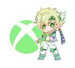  1boy battle_tendency blonde_hair caesar_anthonio_zeppeli facial_mark fingerless_gloves game_console gloves green_eyes green_theme headband jojo_no_kimyou_na_bouken knee_pads male_focus microsoft scarf sky_kiki solo triangle_print wing_hair_ornament xbox 