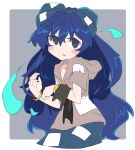  1girl bangle blue_bow blue_eyes blue_hair blue_skirt blush border bow bracelet eyebrows_visible_through_hair grey_hoodie hair_between_eyes hair_bow hood hoodie ini_(inunabe00) jewelry long_hair looking_at_viewer open_mouth short_sleeves skirt solo stuffed_animal stuffed_cat stuffed_toy touhou upper_body very_long_hair white_border yorigami_shion 