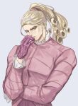  1boy blonde_hair blue_eyes curly_hair funny_valentine gloves hand_to_own_mouth jojo_no_kimyou_na_bouken long_hair looking_at_viewer male_focus ponytail puffy_jacket solo steel_ball_run yepnean 