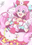  1girl :d blush choker commentary_request cure_precious delicious_party_precure earrings eyelashes hair_ornament hair_ribbon happy highres jewelry jinbay_kbss long_hair magical_girl nagomi_yui open_mouth pink_choker pink_hair pink_theme precure purple_eyes ribbon simple_background sketch smile solo 