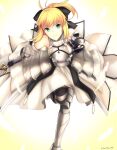  1girl armor armored_dress artoria_pendragon_(all) black_bow blonde_hair blue_sky bow breastplate dress eyebrows_visible_through_hair fate/grand_order fate/unlimited_codes fate_(series) faulds floating_hair gauntlets green_eyes hair_between_eyes hair_bow hands_on_hilt highres kanokano44 long_hair looking_at_viewer outdoors petals ponytail saber_lily signature sleeveless sleeveless_dress smile solo standing white_dress 