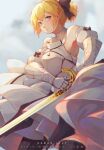  1girl armor armored_dress artoria_pendragon_(all) black_bow blonde_hair blue_sky bow breastplate dress eyebrows_visible_through_hair fate/grand_order fate/unlimited_codes fate_(series) faulds floating_hair gauntlets green_eyes hair_between_eyes hair_bow hands_on_hilt highres long_hair looking_at_viewer mull_(pixiv15877764) outdoors petals ponytail saber_lily signature sleeveless sleeveless_dress smile solo standing white_dress 