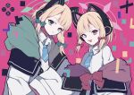  2girls blonde_hair blue_archive blurry blurry_background cat_ear_headphones commentary_request couch green_eyes halo headphones highres jacket midori_(blue_archive) momoi_(blue_archive) multiple_girls necktie no9x9 red_eyes school_uniform short_hair siblings twins 