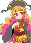  1girl black_dress black_headwear blush chinese_clothes dress eyebrows_visible_through_hair ini_(inunabe00) junko_(touhou) long_hair long_sleeves multicolored_hair orange_hair parted_lips phoenix_crown pink_hair red_eyes simple_background solo tabard touhou upper_body white_background wide_sleeves 