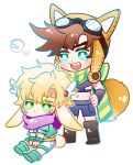  2boys animal_ears aviator_cap battle_tendency blonde_hair boots bow brown_hair bubble caesar_anthonio_zeppeli chibi crop_top dog_tail facial_mark fake_animal_ears goggles goggles_on_headwear green_eyes green_scarf jojo_no_kimyou_na_bouken joseph_joestar joseph_joestar_(young) kemonomimi_mode male_focus midriff multiple_boys pink_scarf rabbit_ears rabbit_tail scarf scarf_bow shorts sky_kiki tail wing_hair_ornament yellow_scarf 