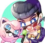  1boy anchor black_hair blue_eyes chibi crossover diamond_wa_kudakenai earrings gakuran heart higashikata_josuke highres jewelry jigglypuff jojo_no_kimyou_na_bouken kamina_shades microphone peace_symbol pokemon pompadour school_uniform sky_kiki sunglasses 