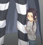  2boys age_regression black_hair child hex_tails illuso jojo_no_kimyou_na_bouken leg_grab long_coat male_focus multiple_boys pants red_eyes risotto_nero sleeves_past_wrists striped striped_pants tearing_up yepnean younger 