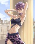  1girl arms_up blue_eyes choker jojo_no_kimyou_na_bouken midriff pillar pink_hair short_hair side_slit skirt solo strapless trish_una tube_top vento_aureo yepnean 