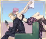  1boy 1girl blonde_hair blue_eyes book couch formal jewelry jojo_no_kimyou_na_bouken leaning_back midriff necklace pink_hair prosciutto reading short_hair sitting skirt suit trish_una vento_aureo yepnean 