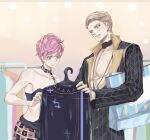  1boy 1girl bag blonde_hair blue_eyes clothes_hanger formal holding holding_clothes jewelry jojo_no_kimyou_na_bouken midriff necklace pink_hair prosciutto shopping shopping_bag short_hair skirt suit trish_una vento_aureo yepnean 