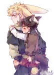  2boys animal_ears battle_tendency blonde_hair brown_hair caesar_anthonio_zeppeli carrying child dog_ears facial_mark green_eyes highres jojo_no_kimyou_na_bouken joseph_joestar joseph_joestar_(young) kemonomimi_mode male_focus multiple_boys piggyback rabbit_ears rabbit_tail shorts sky_kiki sleeping tail teenage vest younger 